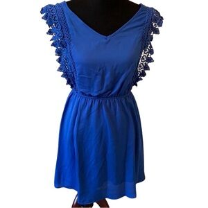 Peach Love California Royal Blue A-Line V-Neck Dress with Lacey Sleeves Medium